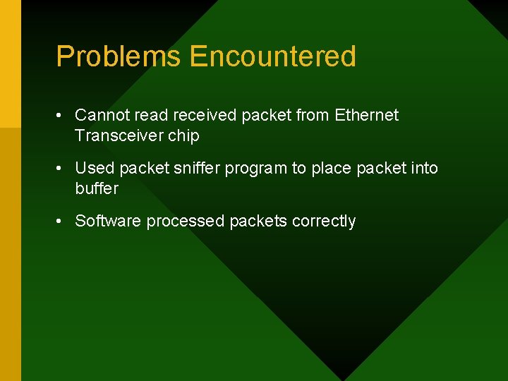 Problems Encountered • Cannot read received packet from Ethernet Transceiver chip • Used packet Problems Encountered • Cannot read received packet from Ethernet Transceiver chip • Used packet