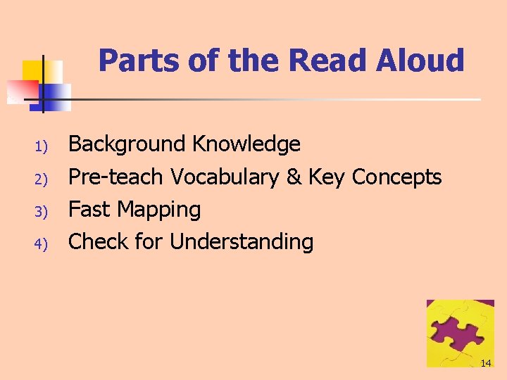 Parts of the Read Aloud 1) 2) 3) 4) Background Knowledge Pre-teach Vocabulary &