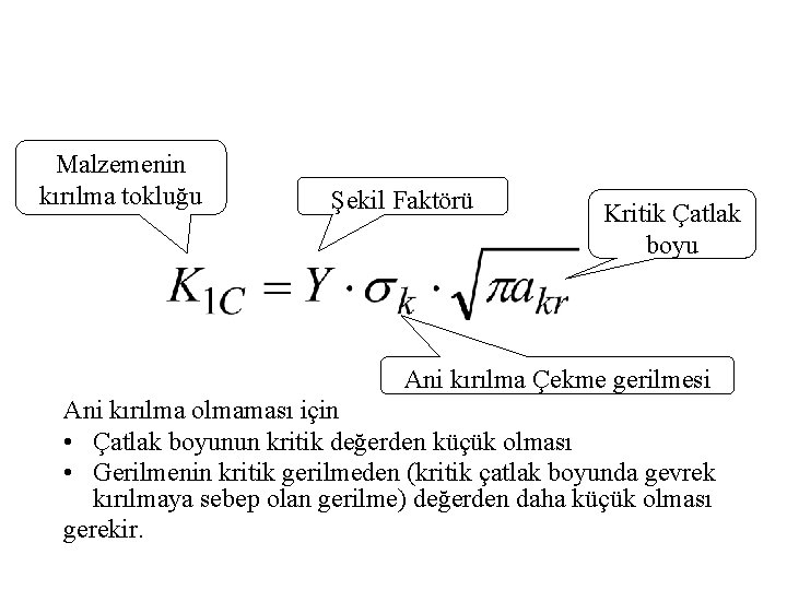 Malzemenin kırılma tokluğu Şekil Faktörü Kritik Çatlak boyu Ani kırılma Çekme gerilmesi Ani kırılma