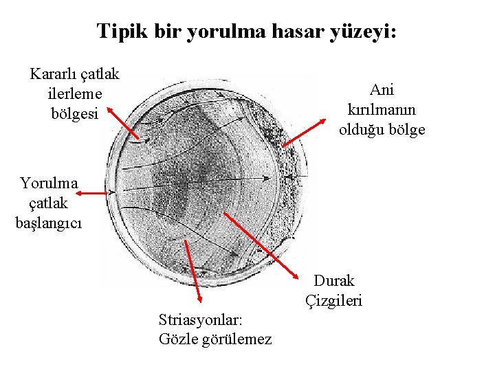 Tipik bir yorulma hasar yüzeyi: Kararlı çatlak ilerleme bölgesi Ani kırılmanın olduğu bölge Yorulma