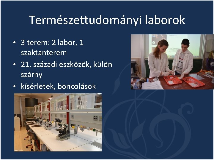 Természettudományi laborok • 3 terem: 2 labor, 1 szaktanterem • 21. századi eszközök, külön