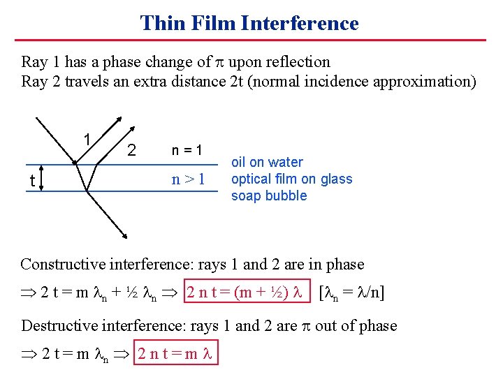 Thin Film Interference Ray 1 has a phase change of upon reflection Ray 2