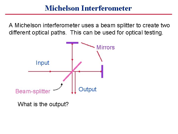 Michelson Interferometer A Michelson interferometer uses a beam splitter to create two different optical