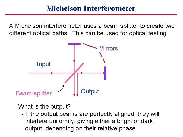 Michelson Interferometer A Michelson interferometer uses a beam splitter to create two different optical