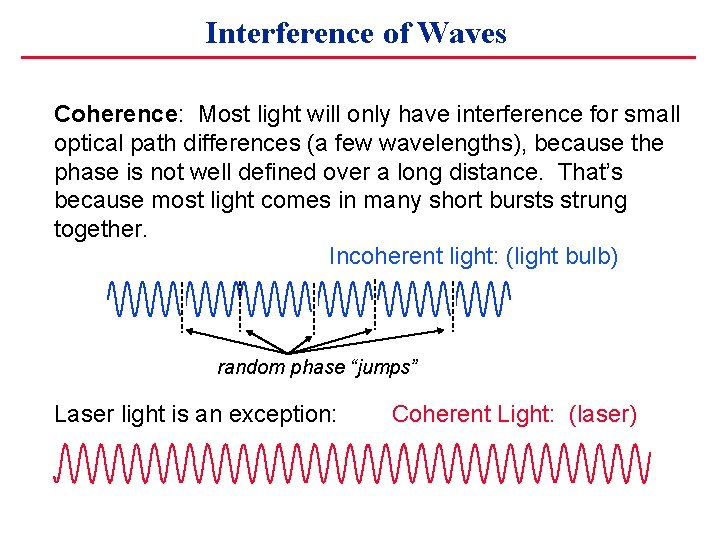 Interference of Waves Coherence: Most light will only have interference for small optical path