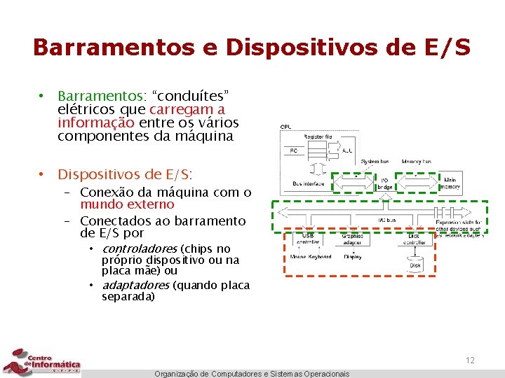 Barramentos e Dispositivos de E/S • Barramentos: “conduítes” elétricos que carregam a informação entre