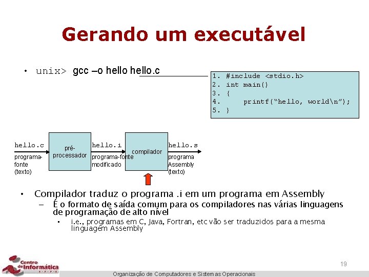 Gerando um executável • unix> gcc –o hello. c programafonte (texto) • hello. i