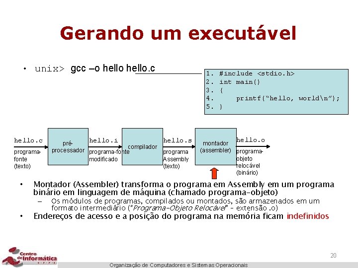 Gerando um executável • unix> gcc –o hello. c programafonte (texto) • hello. s