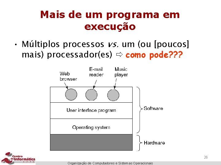 Mais de um programa em execução • Múltiplos processos vs. um (ou [poucos] mais)