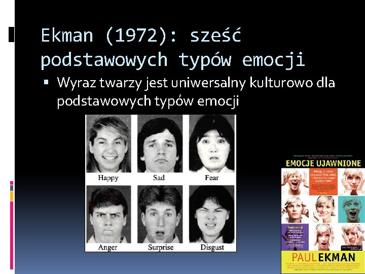 Ekman (1972): sześć podstawowych typów emocji Wyraz twarzy jest uniwersalny kulturowo dla podstawowych typów