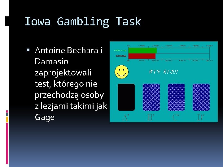 Iowa Gambling Task Antoine Bechara i Damasio zaprojektowali test, którego nie przechodzą osoby z