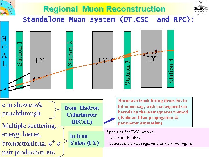 Regional Muon Reconstruction e. m. showers& punchthrough Multiple scattering, energy losses, bremsstrahlung, e+ epair