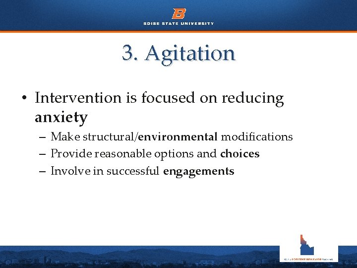 3. Agitation • Intervention is focused on reducing anxiety – Make structural/environmental modifications –