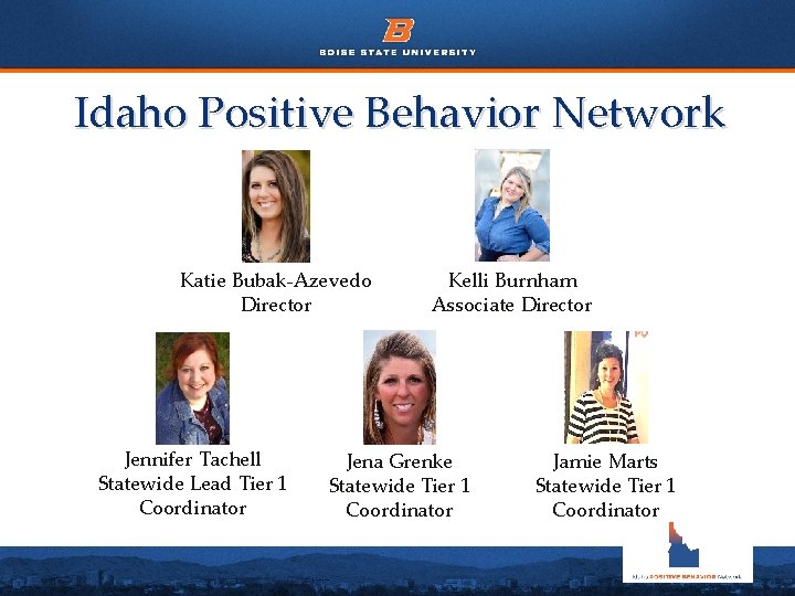 Idaho Positive Behavior Network Katie Bubak-Azevedo Director Jennifer Tachell Statewide Lead Tier 1 Coordinator