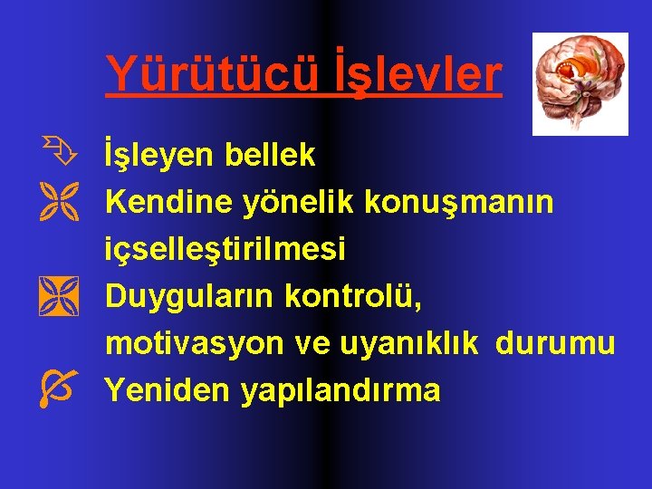 Yürütücü İşlevler Ê Ë Ì Í İşleyen bellek Kendine yönelik konuşmanın içselleştirilmesi Duyguların kontrolü,