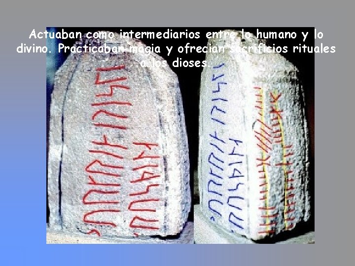 Actuaban como intermediarios entre lo humano y lo divino. Practicaban magia y ofrecian sacrificios Actuaban como intermediarios entre lo humano y lo divino. Practicaban magia y ofrecian sacrificios