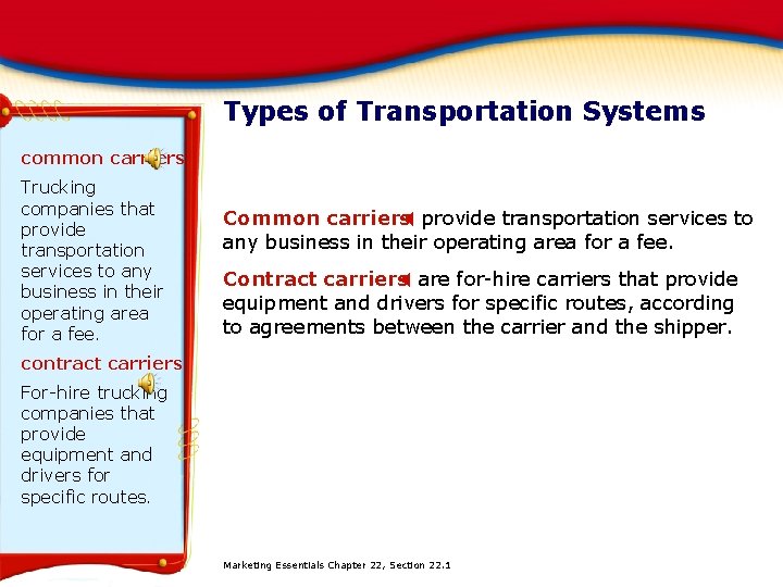 Types of Transportation Systems common carriers Trucking companies that provide transportation services to any