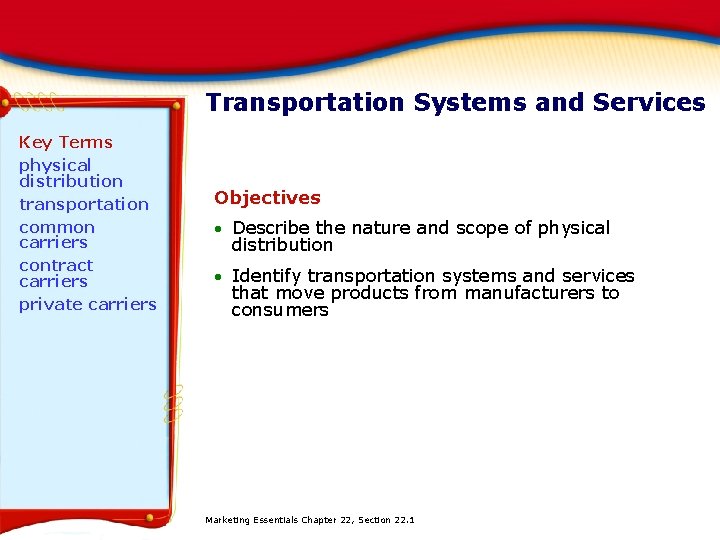 Transportation Systems and Services Key Terms physical distribution transportation common carriers contract carriers private