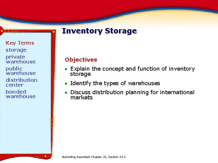 Inventory Storage Key Terms storage private warehouse public warehouse distribution center bonded warehouse Objectives