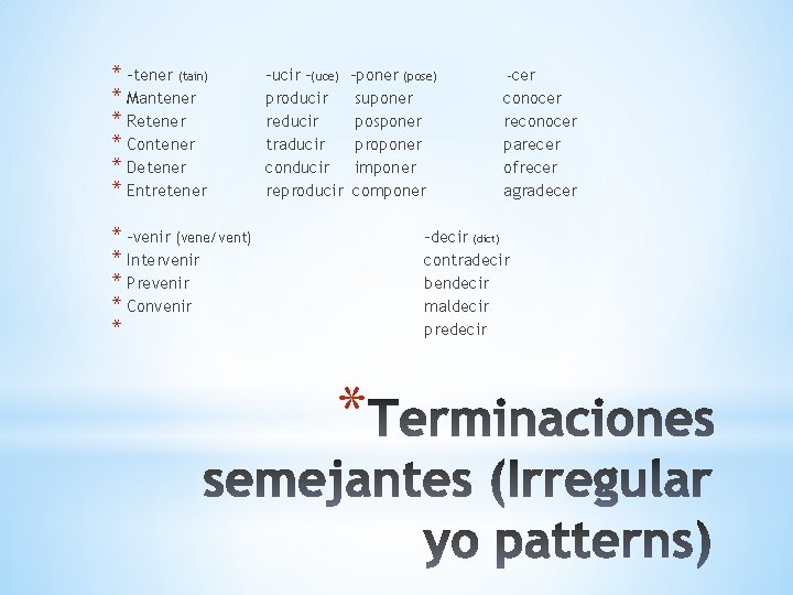 * -tener (tain) * Mantener * Retener * Contener * Detener * Entretener -ucir