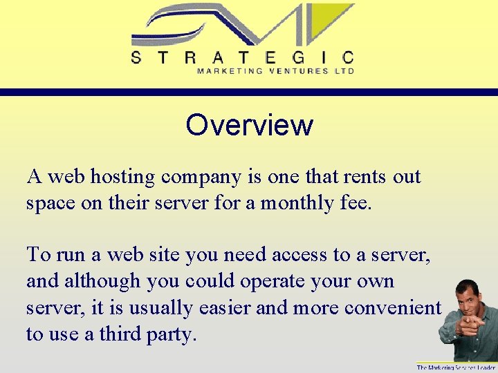 Overview A web hosting company is one that rents out space on their server