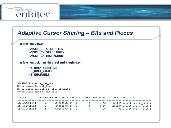 Adaptive Cursor Sharing – Bits and Pieces A few new views – • V$SQL_CS_STATISTICS