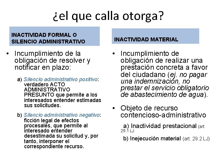 ¿el que calla otorga? INACTIVIDAD FORMAL O SILENCIO ADMINISTRATIVO • Incumplimiento de la obligación