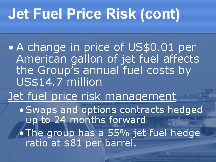 Jet Fuel Price Risk (cont) • A change in price of US$0. 01 per