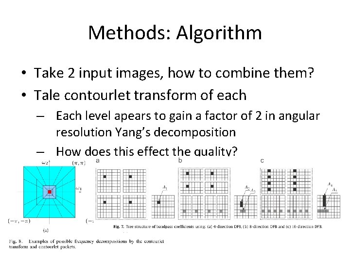 Methods: Algorithm • Take 2 input images, how to combine them? • Tale contourlet