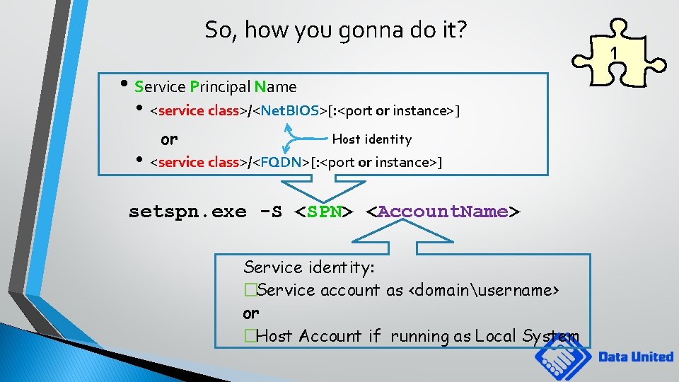 So, how you gonna do it? • Service Principal Name • • <service class>/<Net.