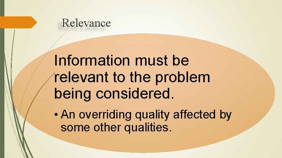 Relevance Information must be relevant to the problem being considered. • An overriding quality