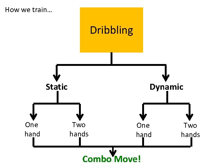 How we train… Dribbling Static One hand Dynamic Two hands One hand Combo Move!