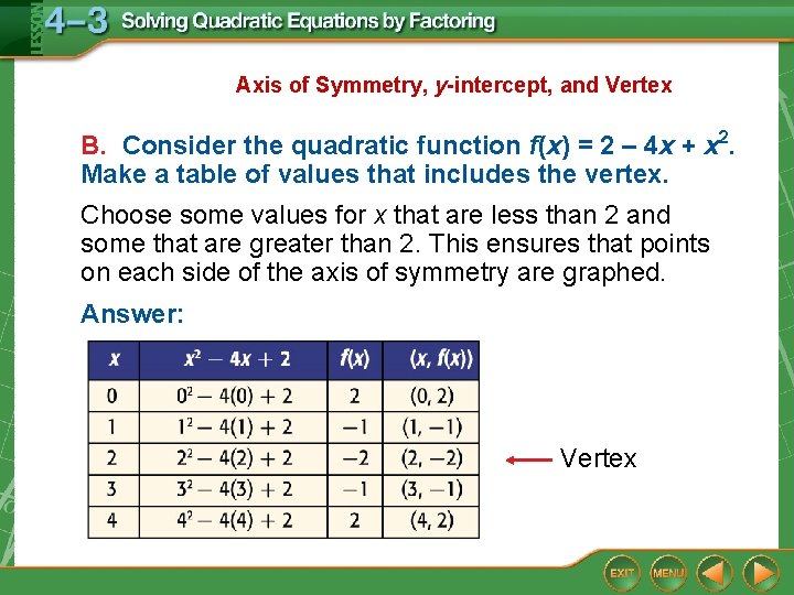 Axis of Symmetry, y-intercept, and Vertex B. Consider the quadratic function f(x) = 2