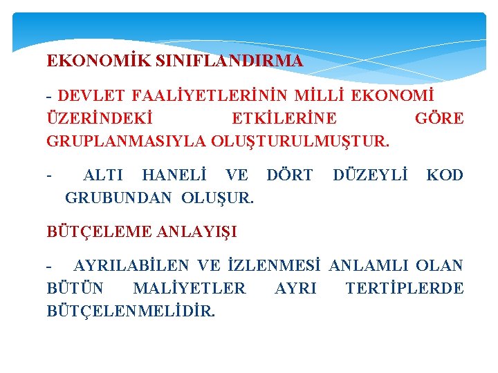  EKONOMİK SINIFLANDIRMA - DEVLET FAALİYETLERİNİN MİLLİ EKONOMİ ÜZERİNDEKİ ETKİLERİNE GÖRE GRUPLANMASIYLA OLUŞTURULMUŞTUR. -