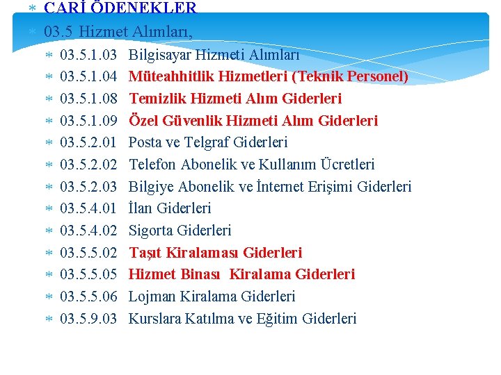  CARİ ÖDENEKLER 03. 5 Hizmet Alımları, 03. 5. 1. 03 03. 5. 1.