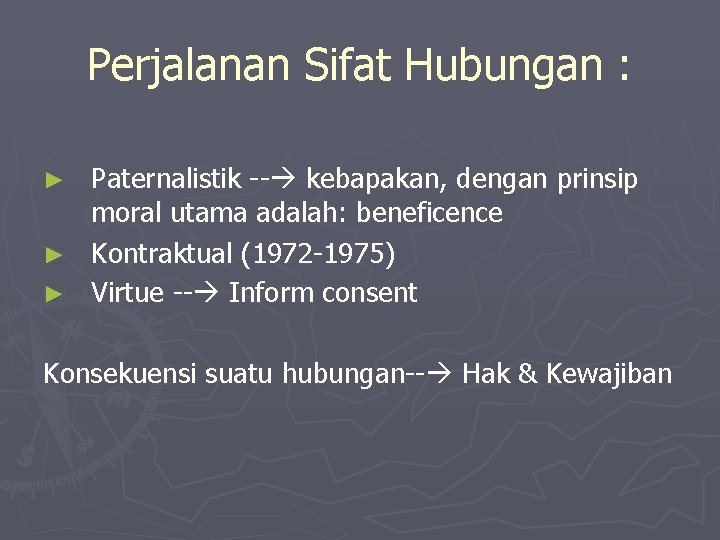 Perjalanan Sifat Hubungan : Paternalistik -- kebapakan, dengan prinsip moral utama adalah: beneficence ►