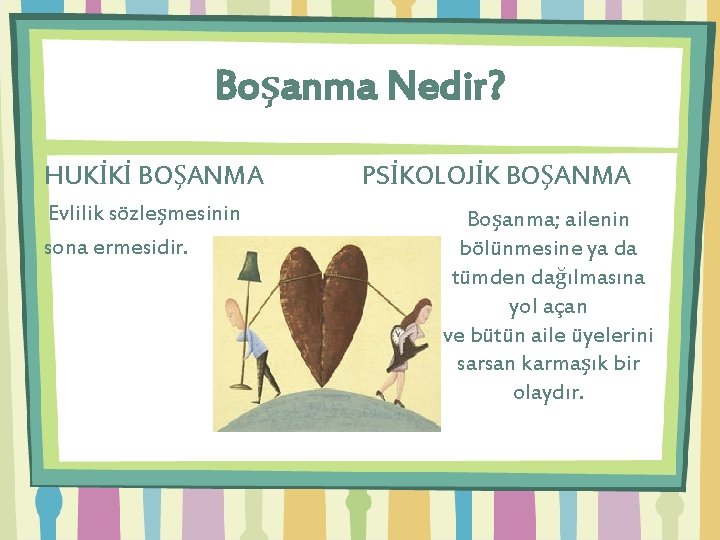 Boşanma Nedir? HUKİKİ BOŞANMA Evlilik sözleşmesinin sona ermesidir. PSİKOLOJİK BOŞANMA Boşanma; ailenin bölünmesine ya