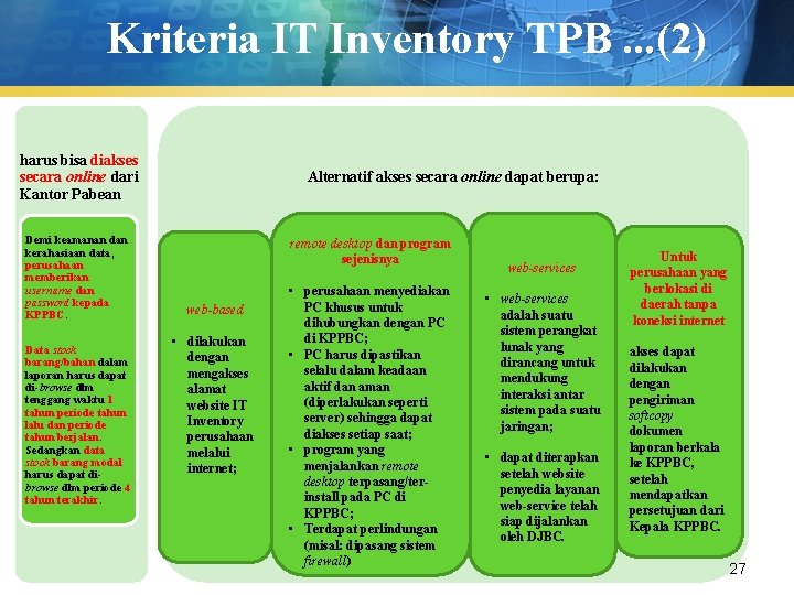 Kriteria IT Inventory TPB. . . (2) harus bisa diakses secara online dari Kantor