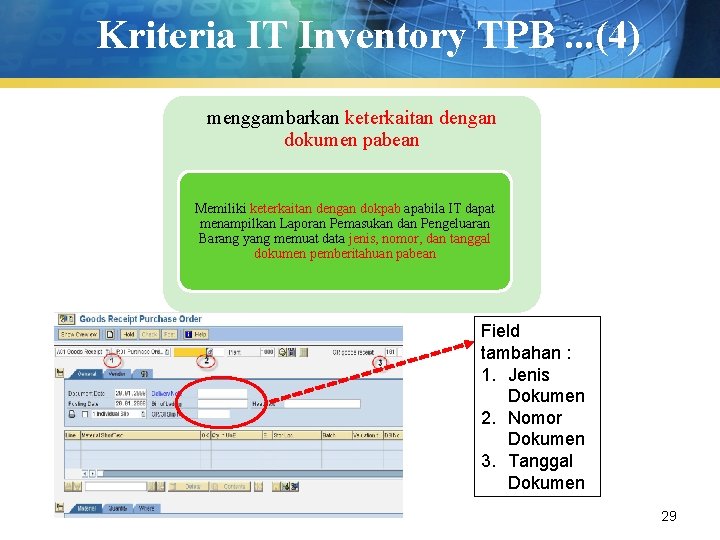 Kriteria IT Inventory TPB. . . (4) menggambarkan keterkaitan dengan dokumen pabean Memiliki keterkaitan