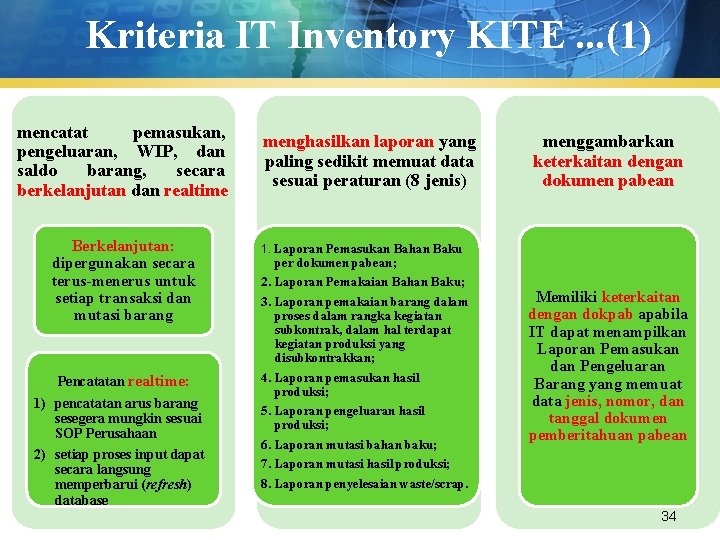 Kriteria IT Inventory KITE. . . (1) mencatat pemasukan, pengeluaran, WIP, dan saldo barang,
