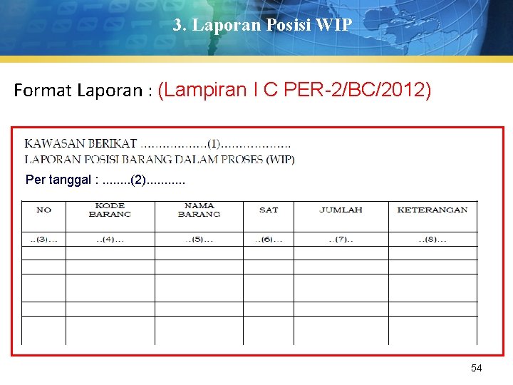 3. Laporan Posisi WIP Format Laporan : (Lampiran I C PER-2/BC/2012) Per tanggal :