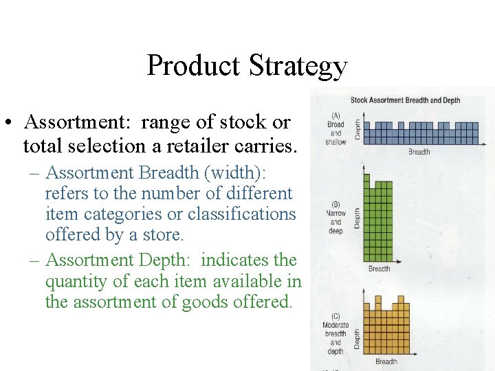 Product Strategy • Assortment: range of stock or total selection a retailer carries. –