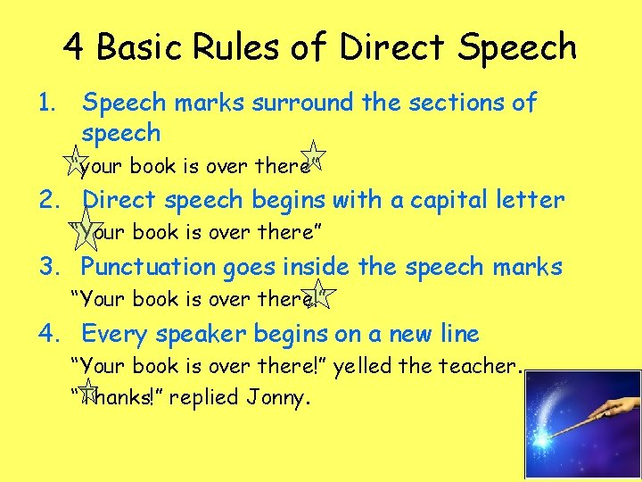 4 Basic Rules of Direct Speech 1. Speech marks surround the sections of speech