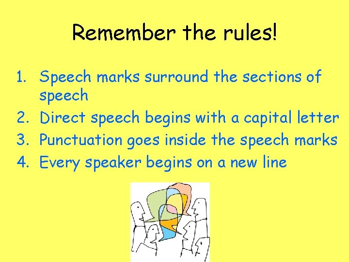 Remember the rules! 1. Speech marks surround the sections of speech 2. Direct speech
