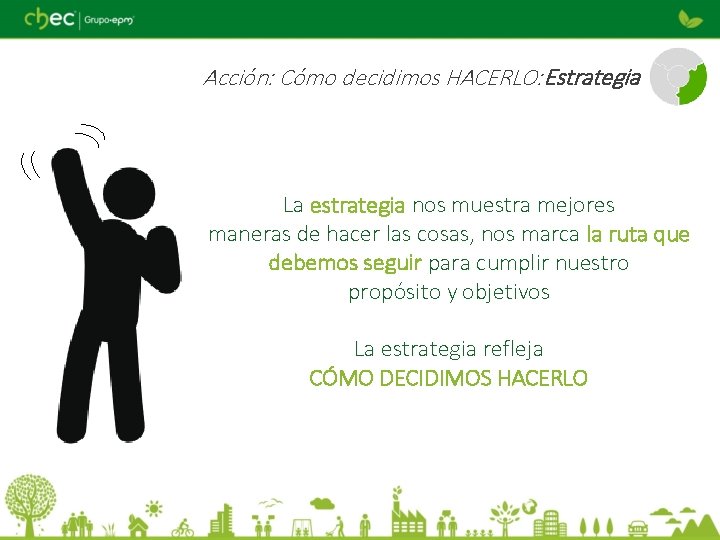 Acción: Cómo decidimos HACERLO: Estrategia La estrategia nos muestra mejores maneras de hacer las