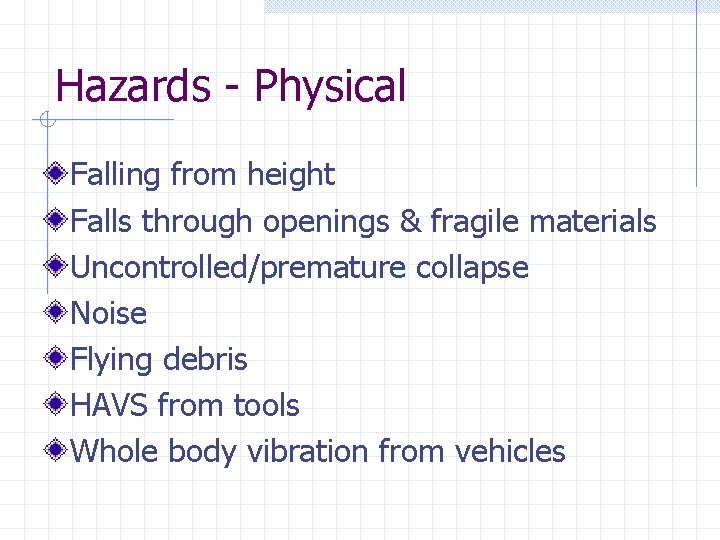Hazards - Physical Falling from height Falls through openings & fragile materials Uncontrolled/premature collapse