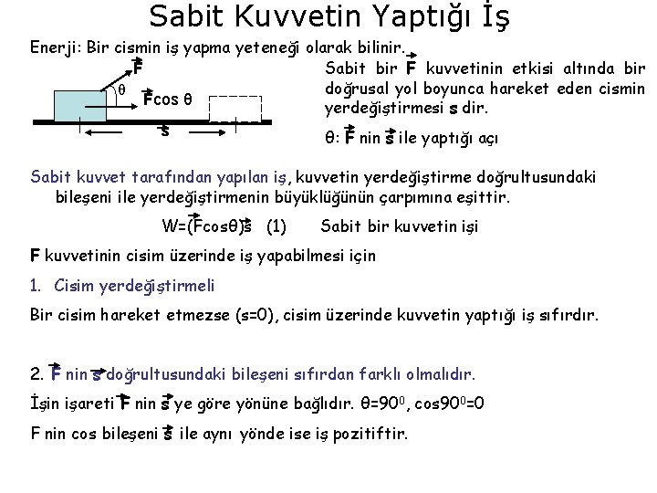 Sabit Kuvvetin Yaptığı İş Enerji: Bir cismin iş yapma yeteneği olarak bilinir. Sabit bir