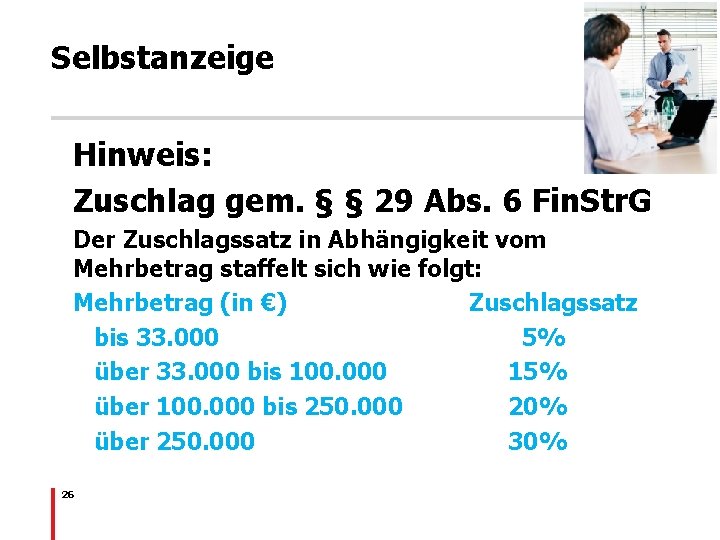 Selbstanzeige Hinweis: Zuschlag gem. § § 29 Abs. 6 Fin. Str. G Der Zuschlagssatz