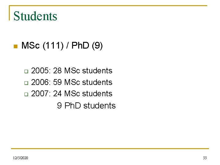 Students n MSc (111) / Ph. D (9) q q q 2005: 28 MSc