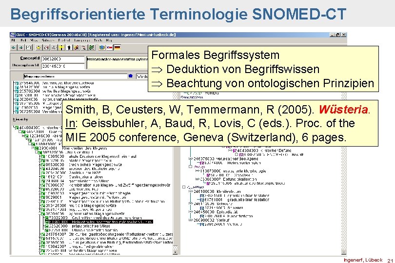 Begriffsorientierte Terminologie SNOMED-CT Formales Begriffssystem Þ Deduktion von Begriffswissen Þ Beachtung von ontologischen Prinzipien